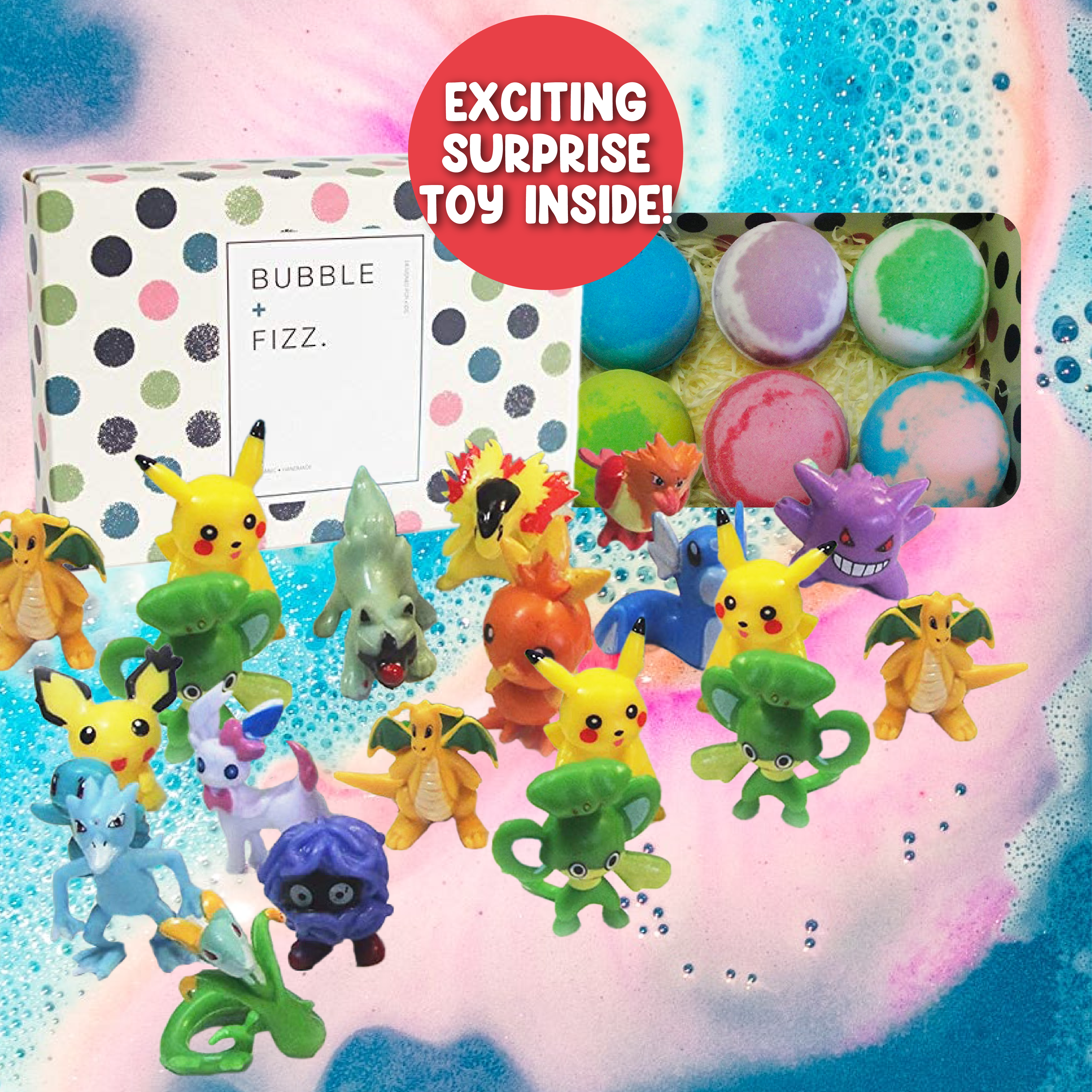 Kids Bath Bombs Gift Set with Surprise Toys, 6x4.2 oz and a set of 24 mini Pokémon's with organizer box